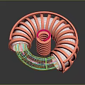 Copper Colored Spiral Technical Equipment With Central Red Cylinder And Glowing Green Yellow Lines