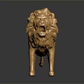 Shiny Golden Lion Statue With Detailed Mane Standing On Dark Reflective Surface