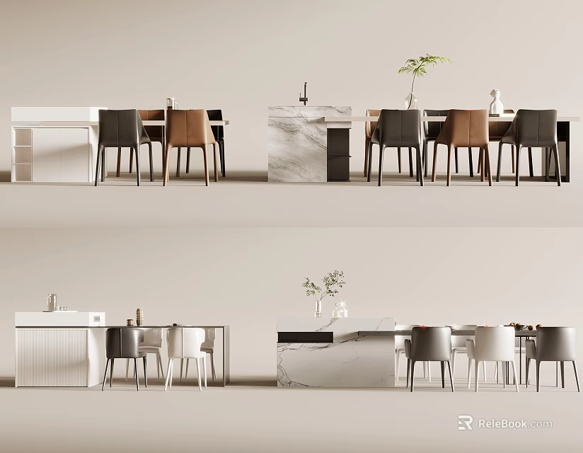 Modern Dining Table Set with Marble and White Countertop Brown Gray Chairs and Decorative Plant 3d model 