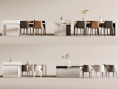 Modern Dining Table Set with Marble and White Countertop Brown Gray Chairs and Decorative Plant 3d model