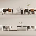 Modern Dining Table Set with Marble and White Countertop Brown Gray Chairs and Decorative Plant