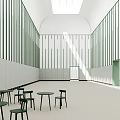Minimalist Interior With Green Panels Tables And Chairs