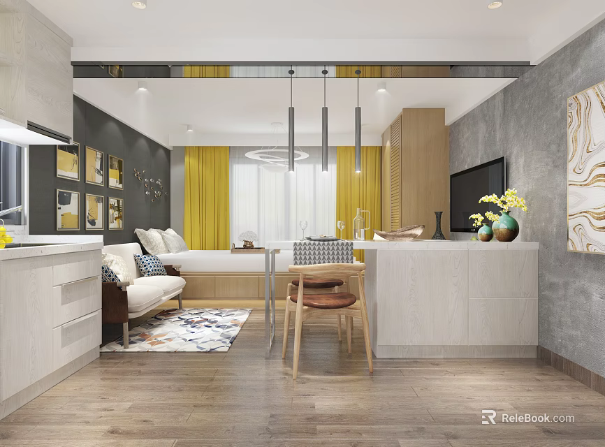 Modern Apartment Interior Design With Open Living Space Sofa Dining Table And Decor 3d model 