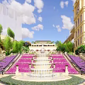 European Style Architecture Complex With Clock Tower And Garden Landscape