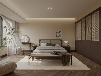 Cozy Modern Bedroom Interior With Herringbone Flooring Bedside Lamp Green Plant And Bench 3d model