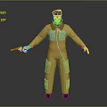 3D Character In Yellow Jumpsuit With Black Cap Headphones And Gun Holding Pose