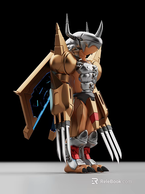 Detailed Sci Fi Robot Model With Gold Silver Armor Mechanical Wings And Blue Red Accents 3d model 
