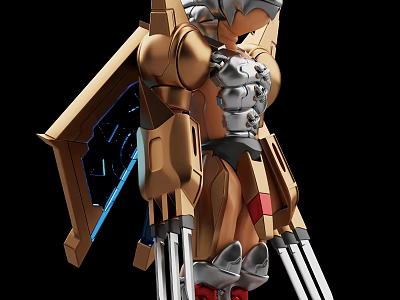 Detailed Sci Fi Robot Model With Gold Silver Armor Mechanical Wings And Blue Red Accents 3d model