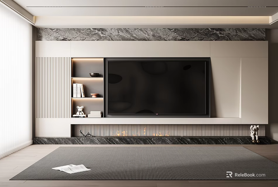 Modern TV Wall Design With Marble Panel Built in Shelves And LED Lighting 3d model