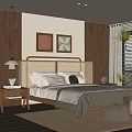 Modern Bedroom Interior Design With Wicker Headboard Nightstand Lamp Decorative Paintings And Potted Plants