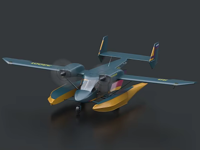 3D Rendered Dark Green Seaplane Model With Yellow Floats And Wing Markings 3d model