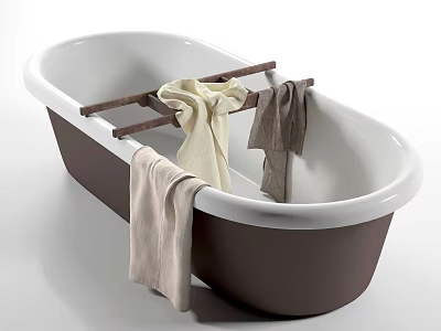 Freestanding Bathtub Dark Brown Exterior White Interior with Wooden Rack Beige Gray Light Brown Towels 3d model
