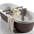 Freestanding Bathtub Dark Brown Exterior White Interior with Wooden Rack Beige Gray Light Brown Towels