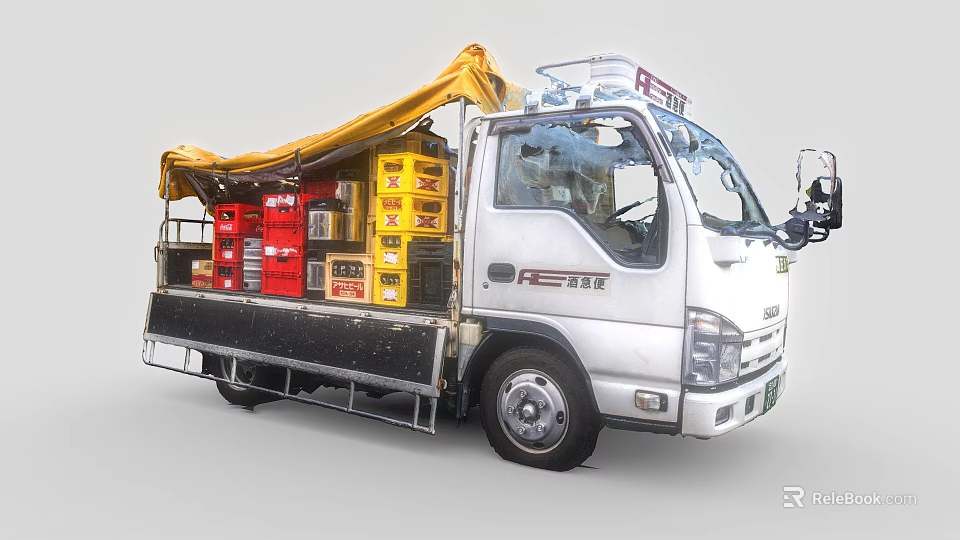 White Re Tie Truck With Yellow Red Black Crates And Yellow Tarpaulin Cover 3d model 