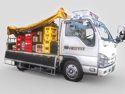White Re Tie Truck With Yellow Red Black Crates And Yellow Tarpaulin Cover 3d model