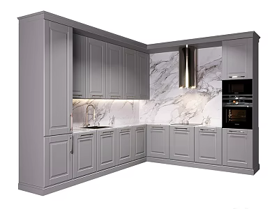 Modern Gray Kitchen Cabinets With Marble Backsplash Countertop And Appliances 3d model