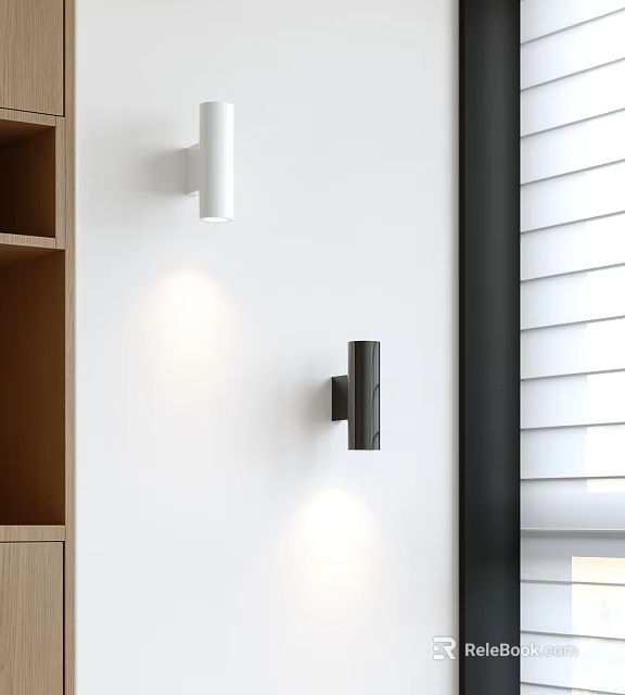 White and Black Wall Lamps on White Wall with Window Blinds and Soft Light 3d model 