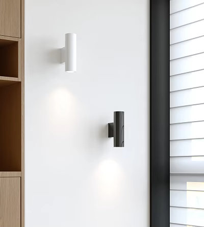 White and Black Wall Lamps on White Wall with Window Blinds and Soft Light 3d model