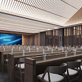 Modern Conference Room Interior With Long Tables Chairs Large Screen And Ceiling Lighting