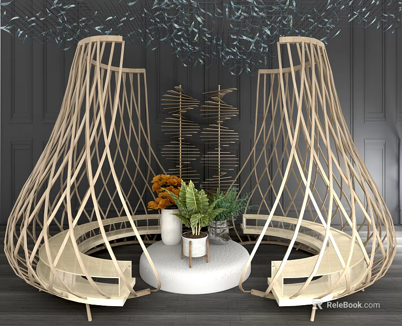 Wicker Outdoor Chair with Rounded Design Small White Table and Green Plants in Modern Patio 3d model 