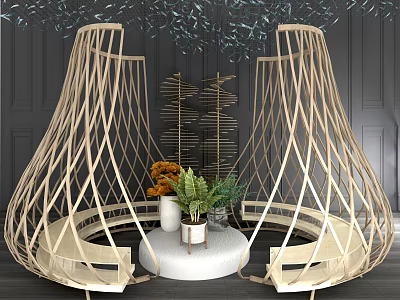 Wicker Outdoor Chair with Rounded Design Small White Table and Green Plants in Modern Patio 3d model