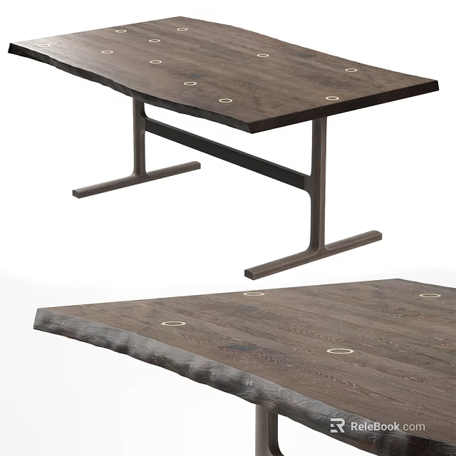 Modern Wooden Dining Table With Natural Edge And Metal Support Base Design 3d model 