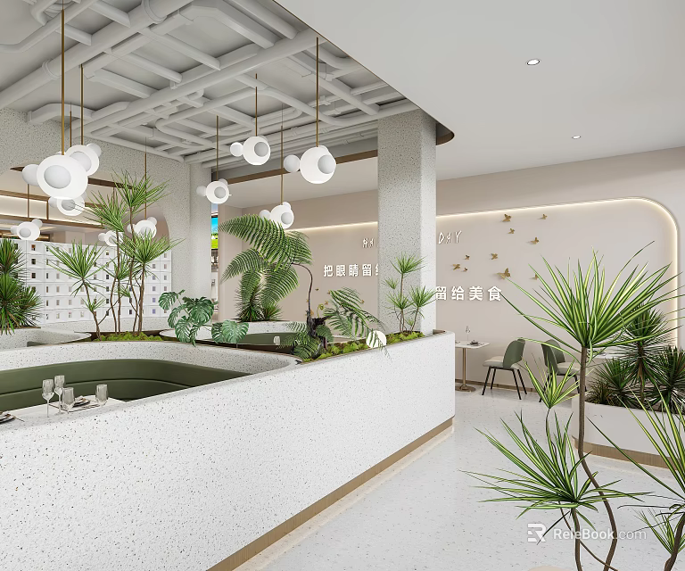 Modern Restaurant Interior With Hanging Lights Green Plants Bar Counter And Seating Area 3d model 