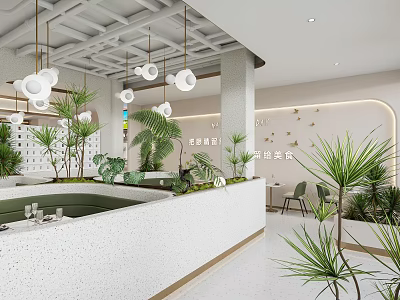 Modern Restaurant Interior With Hanging Lights Green Plants Bar Counter And Seating Area 3d model