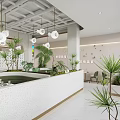 Modern Restaurant Interior With Hanging Lights Green Plants Bar Counter And Seating Area