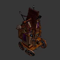 Vintage Fantasy Wooden Wheeled Hut Cart Decorated With Colorful Fabric And Hanging Bells