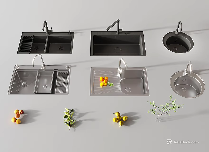 Stainless Steel Kitchen Sinks In Different Styles Double Single Bowl With Decorative Fruits And Plants 3d model 