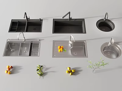 Stainless Steel Kitchen Sinks In Different Styles Double Single Bowl With Decorative Fruits And Plants 3d model