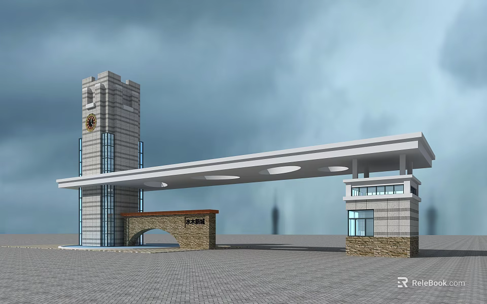 Modern Entrance Gate With Tower Arch Roof And Stone Plaza Design 3d model 