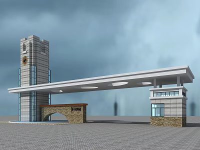 Modern Entrance Gate With Tower Arch Roof And Stone Plaza Design 3d model