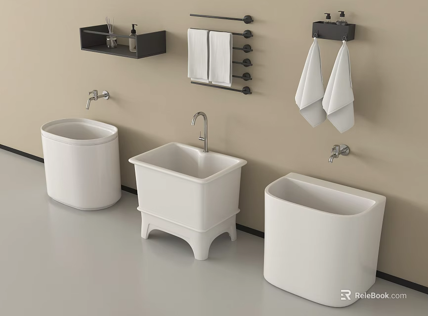 Bathroom Accessories With White Basins Black Wall Shelves Towel Racks Hanging White Towels And Faucets 3d model 
