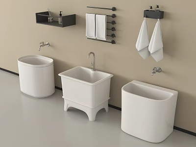 Bathroom Accessories With White Basins Black Wall Shelves Towel Racks Hanging White Towels And Faucets 3d model