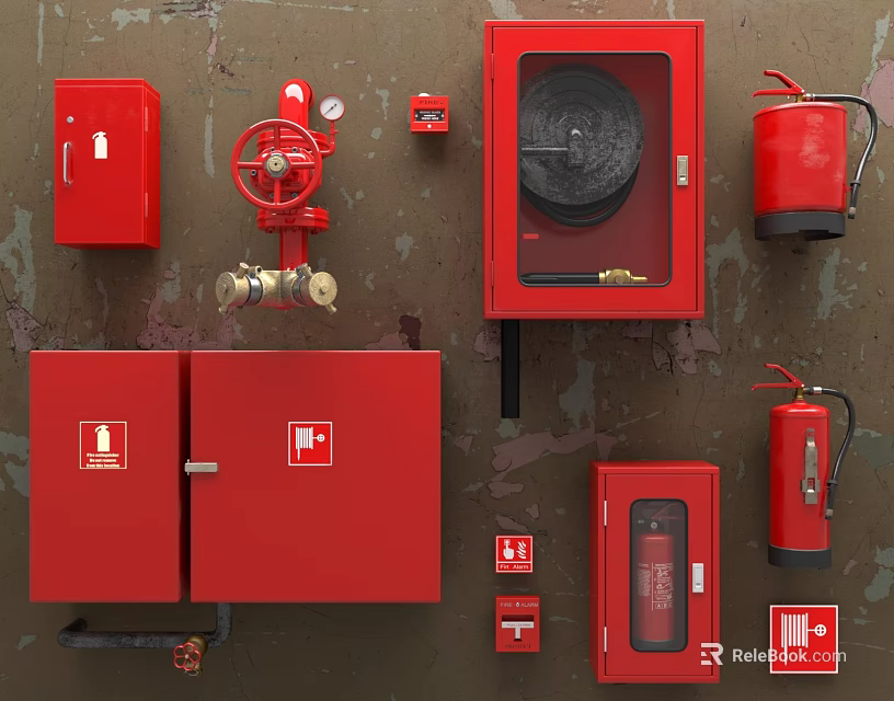 Red Fire Equipment With Extinguishers Hydrants Cabinets And Hose Reels On Wall 3d model 