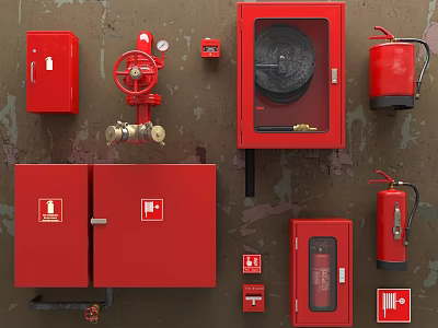 Red Fire Equipment With Extinguishers Hydrants Cabinets And Hose Reels On Wall 3d model