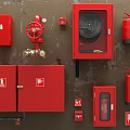 Red Fire Equipment With Extinguishers Hydrants Cabinets And Hose Reels On Wall