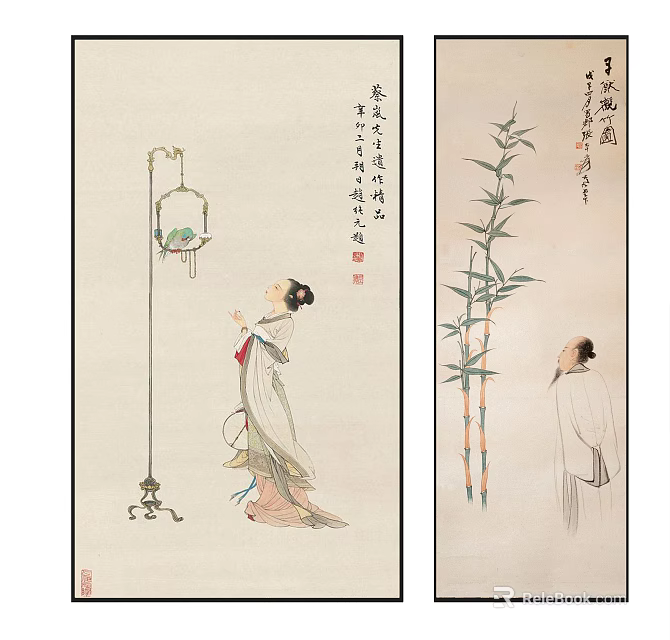 Traditional Chinese Figure Paintings Featuring Female In Attire With Birdcage And Male With Bamboo 3d model 