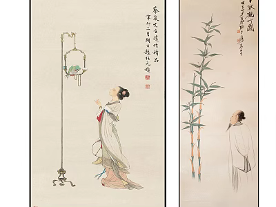 Traditional Chinese Figure Paintings Featuring Female In Attire With Birdcage And Male With Bamboo 3d model