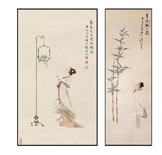 Chinese Figure Painting Elegant Zen Character Pattern Hanging Picture Combination 3d model