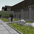 Modern Architectural Complex With Wooden Structure Green Trees Stone Steps And Pedestrians Walking
