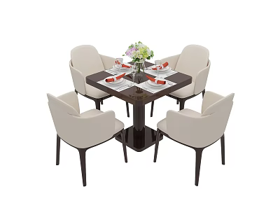 Simple Dining Table Set with Four Light Chairs Tableware and Flower Bouquet 3d model