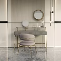 Elegant Modern Dressing Table With Round Mirror Gold Legs And Upholstered Stool 3d model