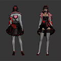Character And Creature Costume Design Front Back Views With Red Black Details And Heart Accents