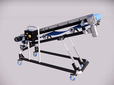 Industrial Mobile Conveyor Belt Equipment With Blue Conveyor Surface And Control Panel On Rolling Casters 3d model