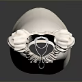 Man Sculpture With White Striped Design And Wing Shaped Decorations On Gray Background