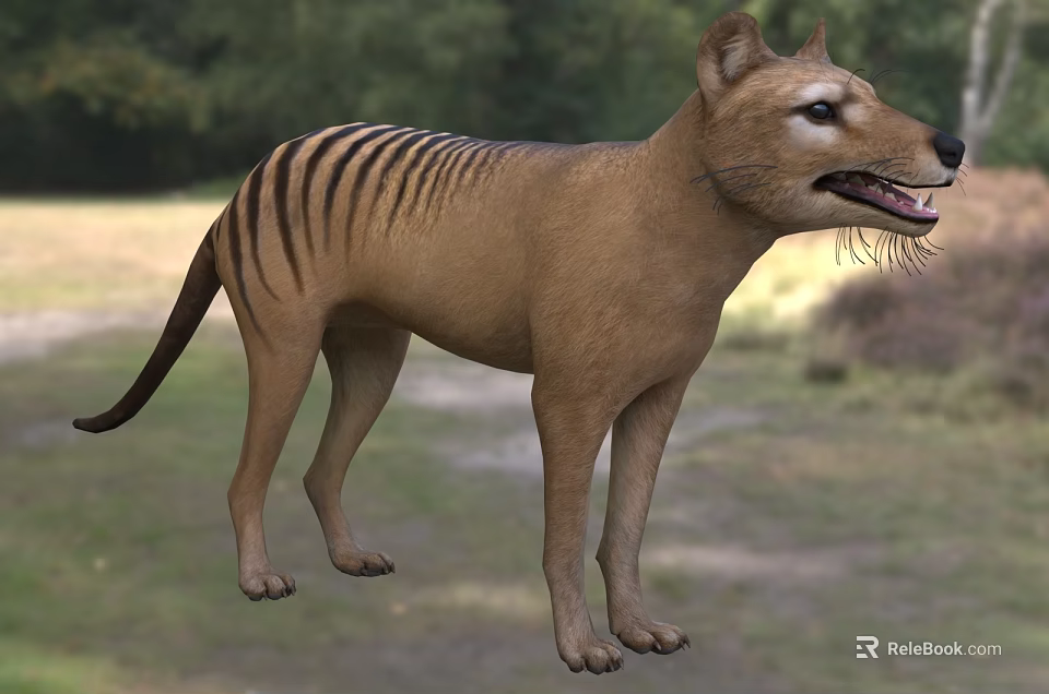 Striped Reptile With Long Tail Standing In Natural Grassland Near Dense Forest Background 3d model 
