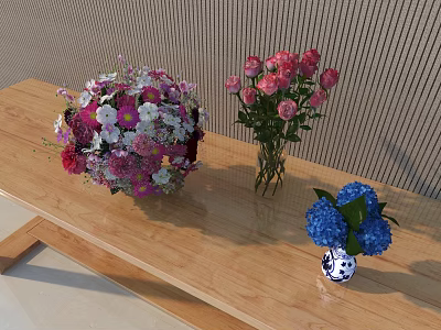 Beautiful Flowers in Vases on Wooden Table with Mixed Bouquet Pink Roses and Blue Hydrangeas 3d model